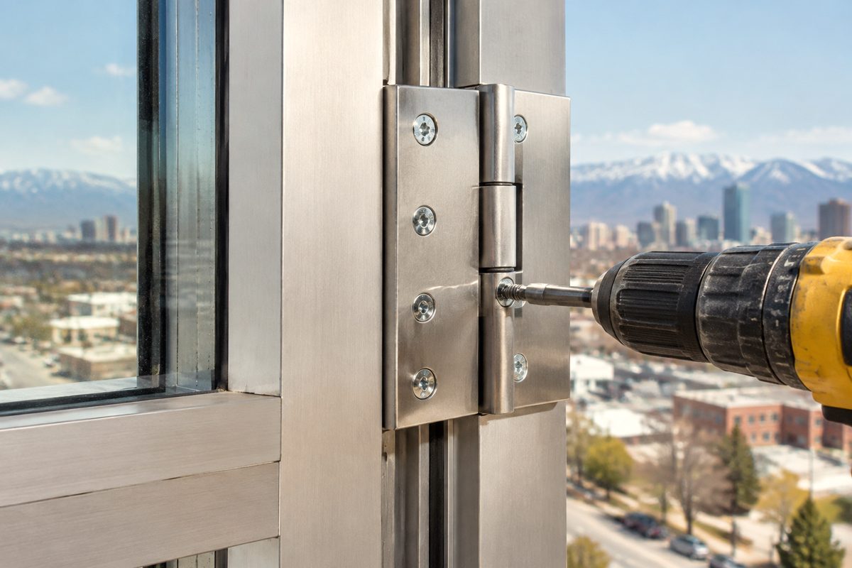 Commercial retail doorway hinge reinforcement and structural screw fastening.