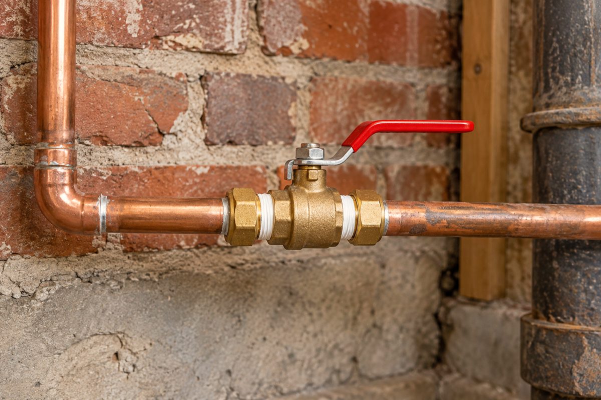 Completed brass shut-off valve installation on residential supply line.